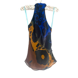 Marciano Silk top Black Blue Yellow printed halter top.